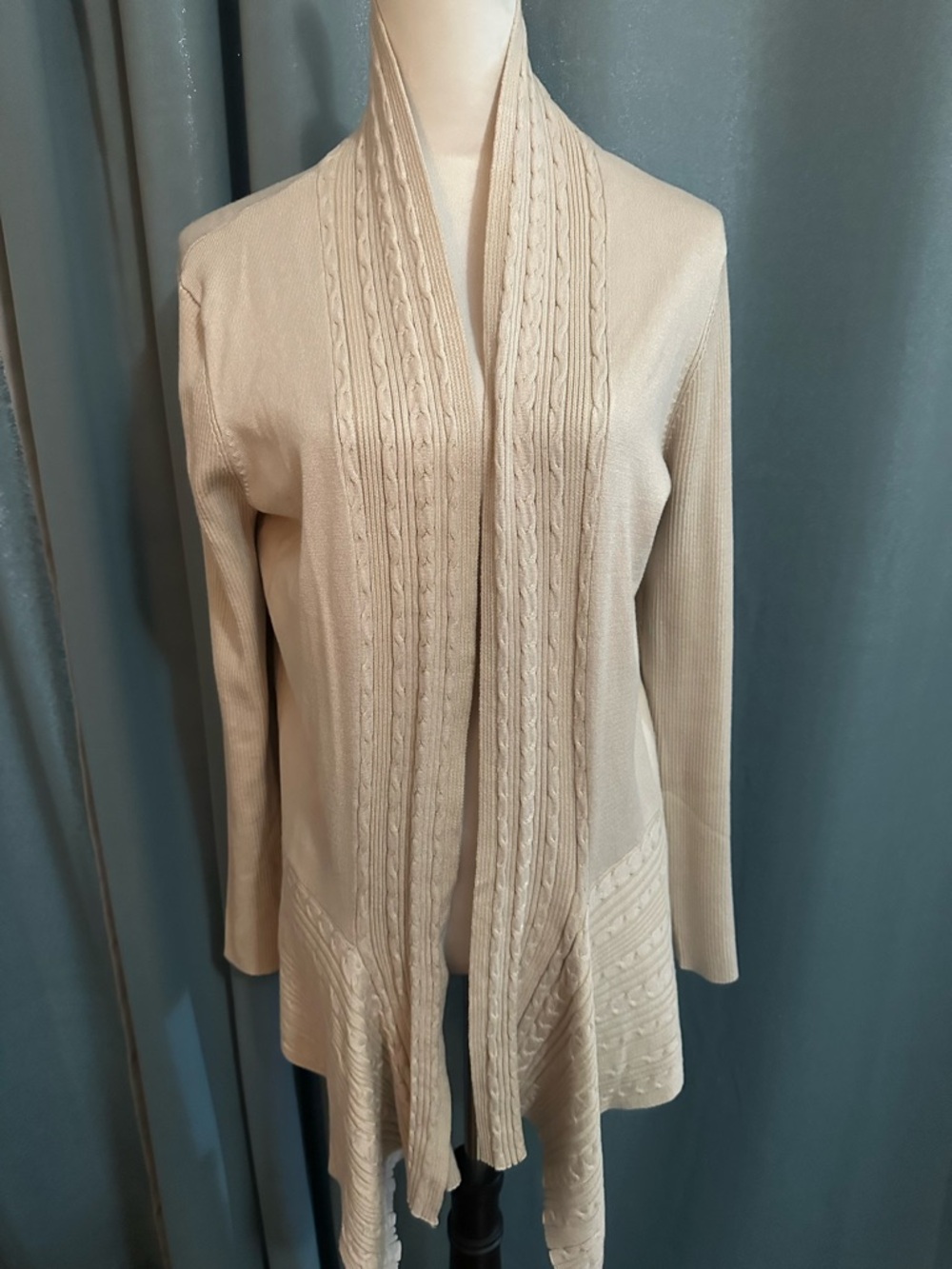 Anna Rose Cardigan Sweater Women L Beige Open Front Cable Knit Draped NWT